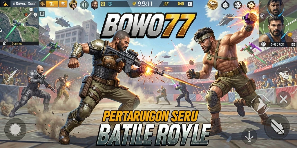 Gameplay BOWO77 menampilkan aksi seru dengan pertempuran intens antar pemain.