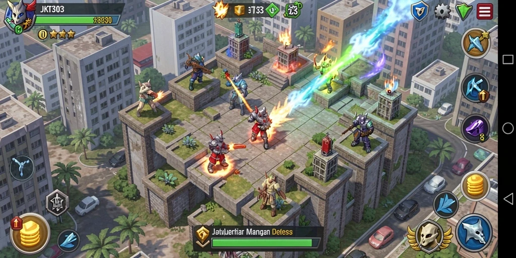 Tangkapan layar utama JKT303 dengan aksi strategi Tower Defense.