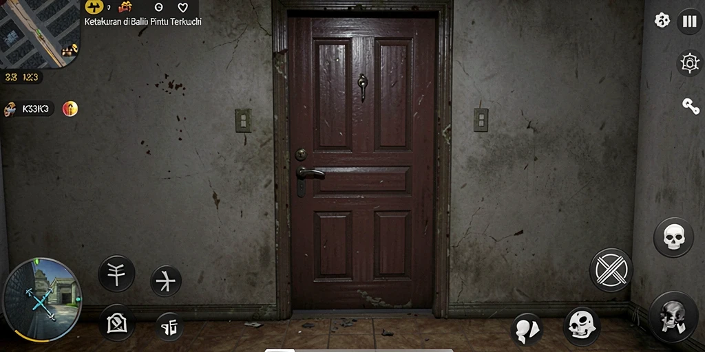 Screenshot gameplay K3K3 yang menegangkan di rumah angker.
