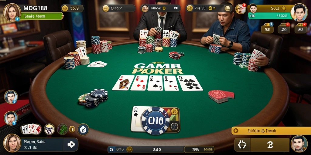 Screenshot gameplay MDG188 yang menampilkan aksi permainan Poker yang mendebarkan.