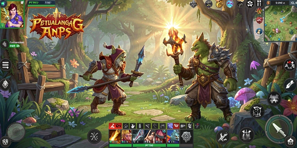 Screenshot dari gameplay PT707 yang menampilkan pertempuran dan eksplorasi dunia fantasi.