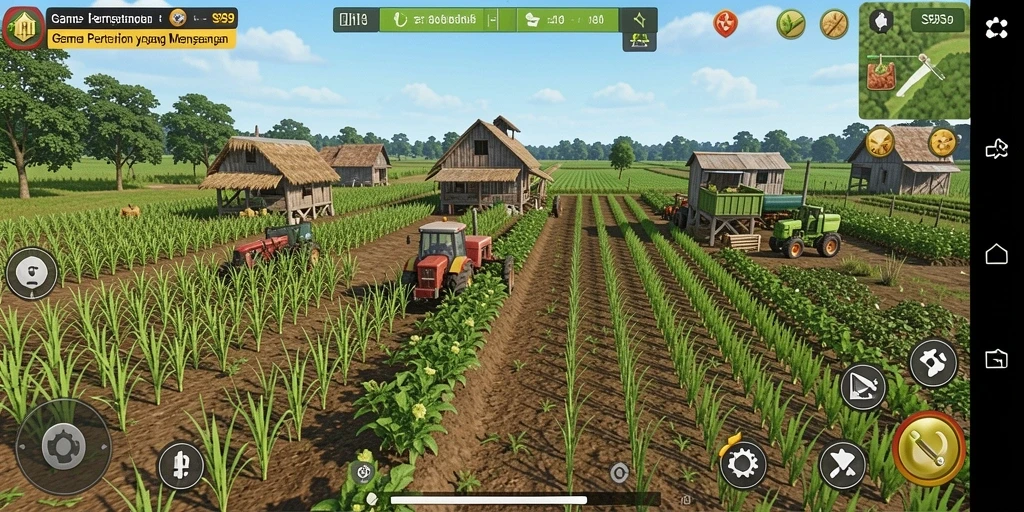 Gameplay S9S9 dengan elemen pertanian yang interaktif.